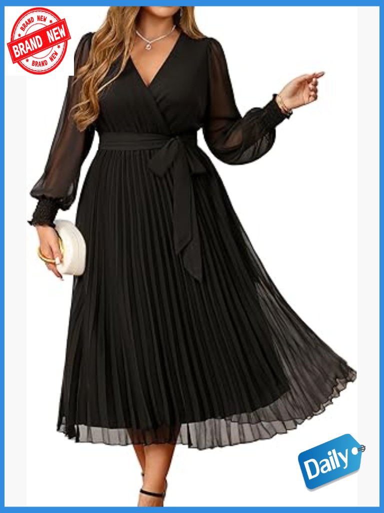 Plus Size A-Line High Waist Wrap V-Neck Lantern Sleeve Midi Dress